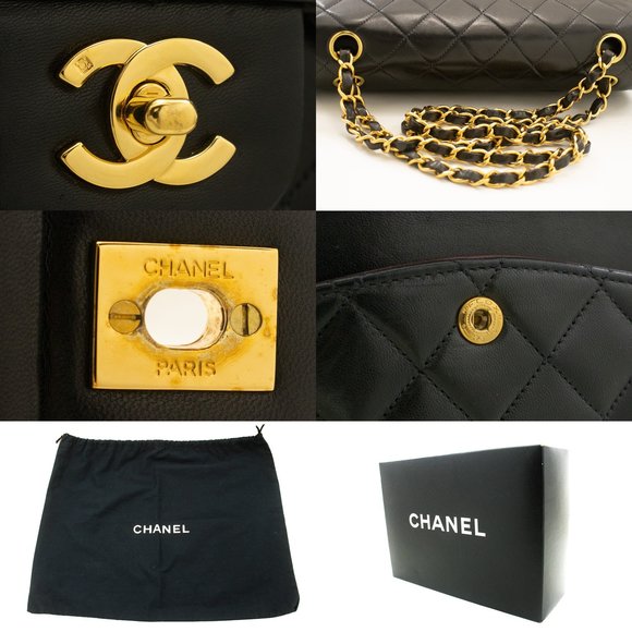 CHANEL Classic Double Flap 10" Chain Shoulder Bag Black Lambskin - Picture 7 of 10